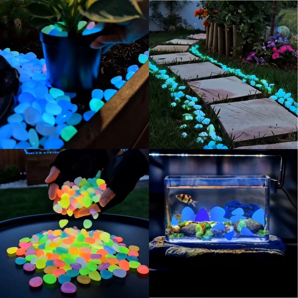 Aquarium Fish Items - カラフルな暗闇で光る発光石、庭石、屋外庭園通路、水槽、鉢植えの装飾用