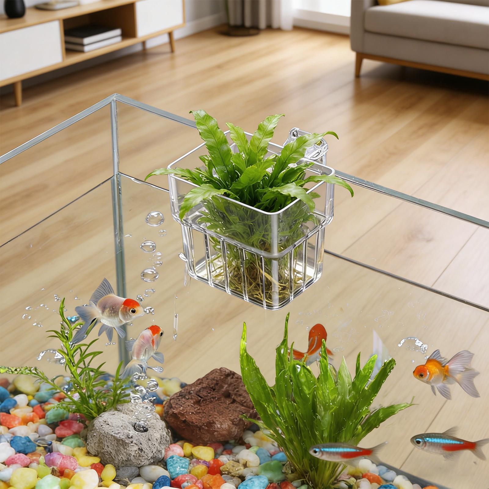 Aquarium Fish Hideout - 透明な吊り下げ式水槽植物ホルダーポット、水槽水耕栽培システム、屋内職場装飾、栽培装飾用
