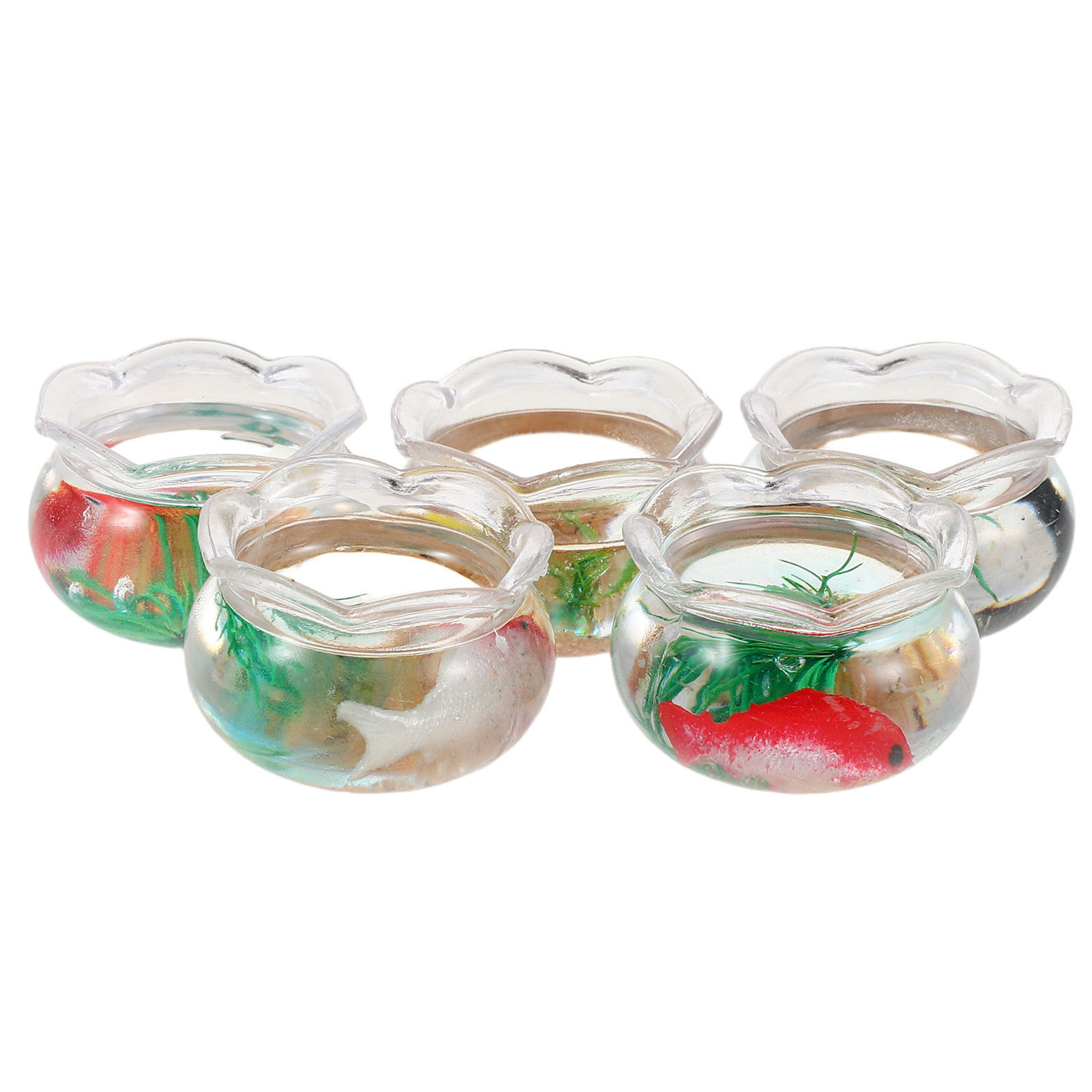 Aquarium Mini Fish - 5個入り ミニ魚鉢 小さな丸型金魚水槽 模擬水草 リアルなミニ水槽 ガーデンシーンの装飾