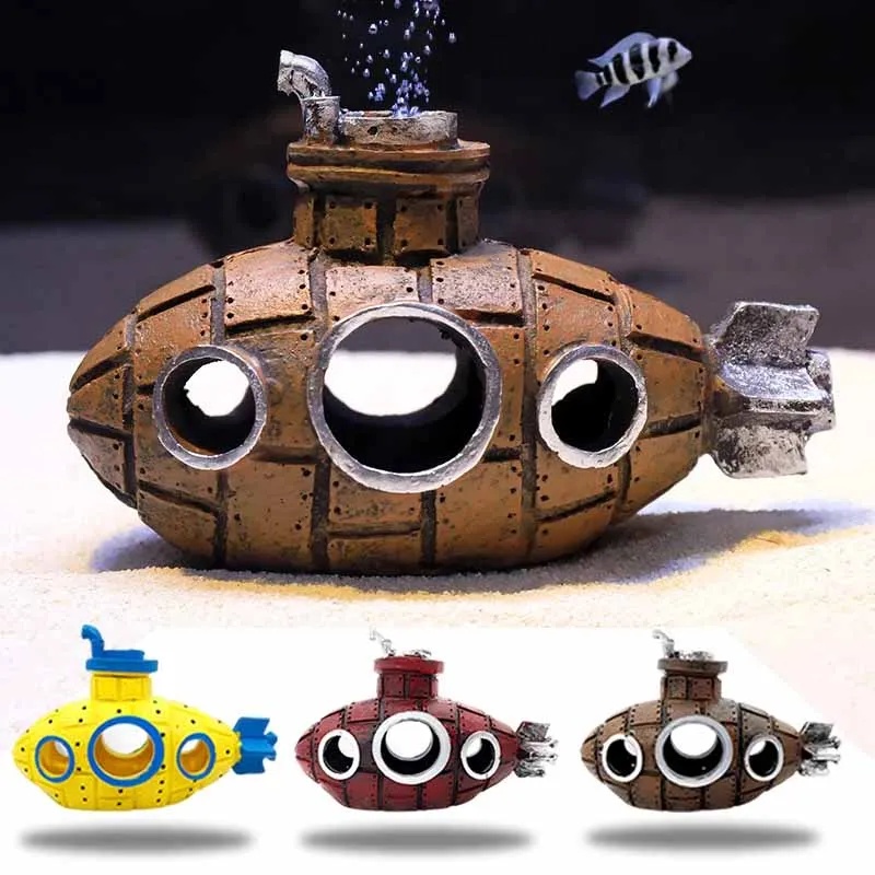 Aquarium Fish Hideout - 樹脂製潜水艦型オーナメント、水槽飾り、魚やエビの隠れ家、洞窟、水槽用造園アクセサリー