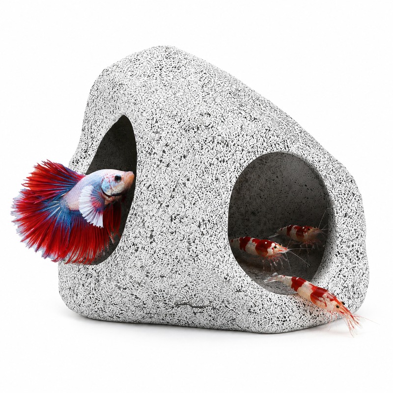 Aquarium Fish Hideout - 水槽用ロックケーブ隠れ家、エビ・シクリッド・ベタ用セラミック製水槽装飾、繁殖用隠れ石飾り2サイズ